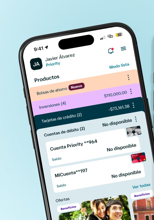 Un celular mostrando la pantalla de productos de la App Banamex.