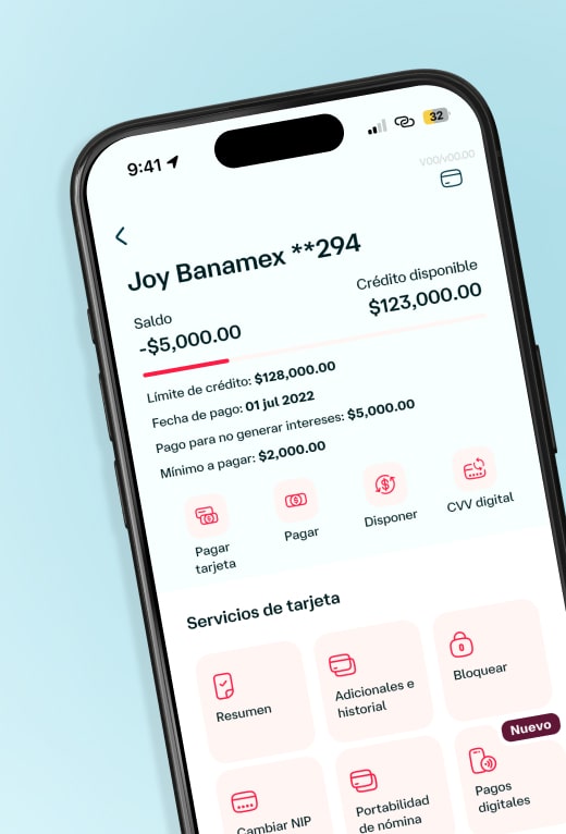 Un celular mostrando la información de una tarjeta y las operaciones más usadas en la App Banamex.