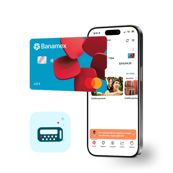 Tarjeta de Crédito Joy frente a un celular con la App Banamex abierta.