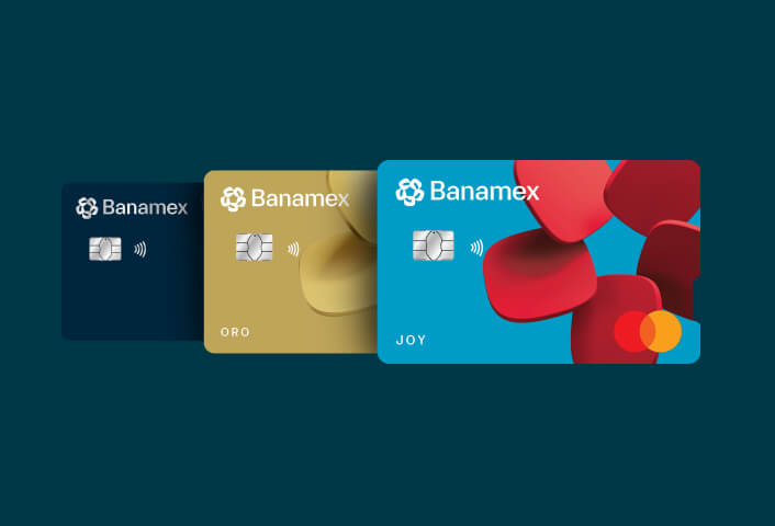 Abánico de tarjetas de crédito Affinity Card, Oro y Joy con chip, dispuestas en perspectiva horizontal.