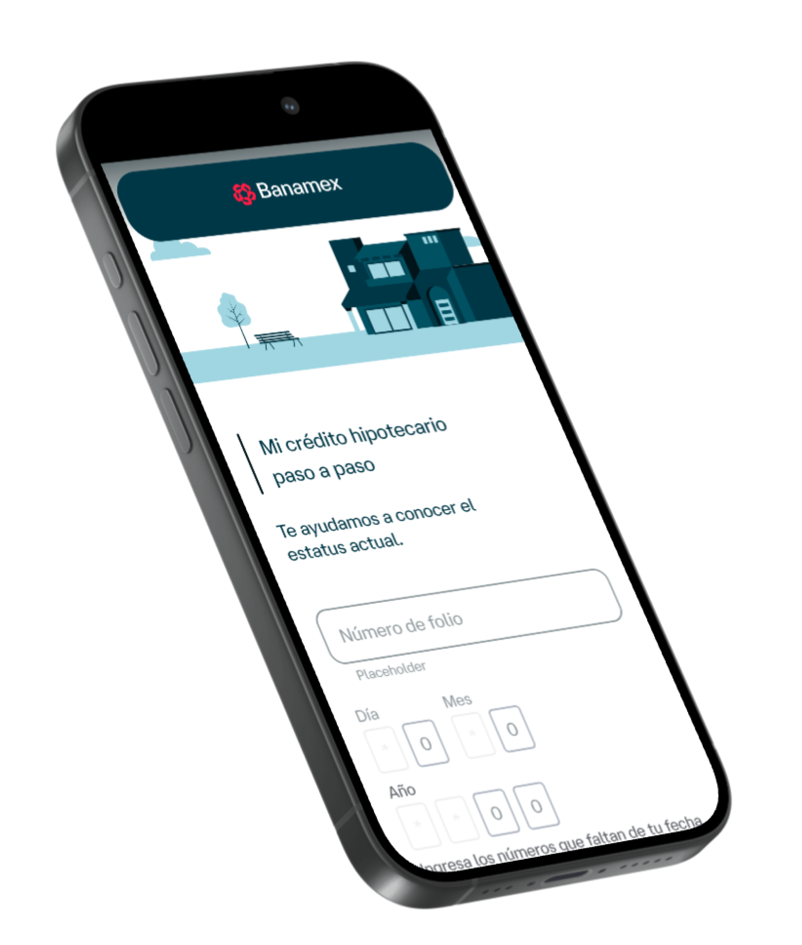 Un celular mostrando la información del crédito hipotecario dentro de la app Banamex.
