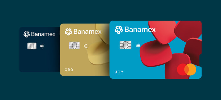 Abánico de tarjetas de crédito Affinity Card, Oro y Joy con chip, dispuestas en perspectiva horizontal.