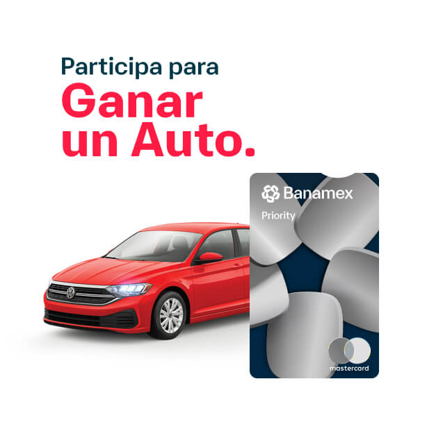 Imagen con la promoción 'Participa para ganar un auto', mostrando un auto y la tarjeta MiCuenta Banamex.