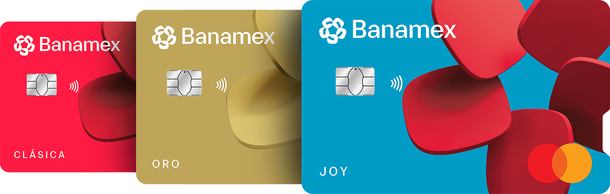 Abánico de tarjetas de crédito Clásica, Oro y Joy con chip, dispuestas en perspectiva horizontal.