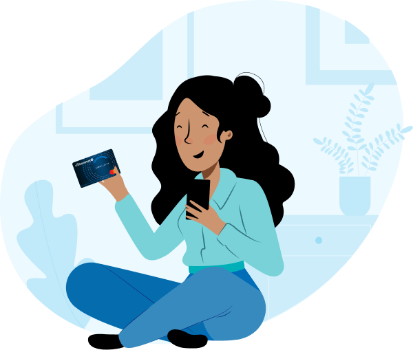 Ilustración de una mujer sosteniendo una tarjeta de crédito Banamex.