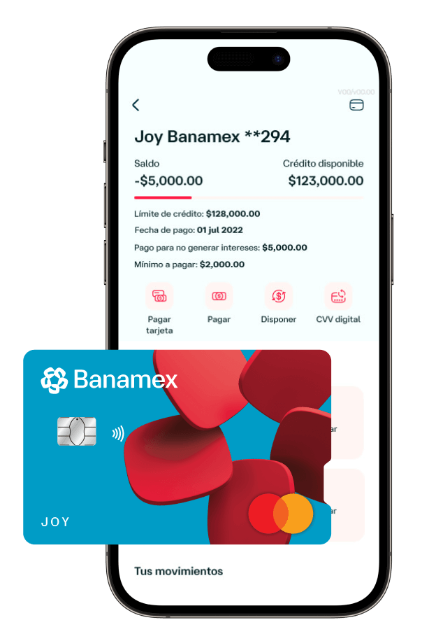 Celular mostrando la Tarjeta de crédito Joy Banamex en la App Banamex Móvil.