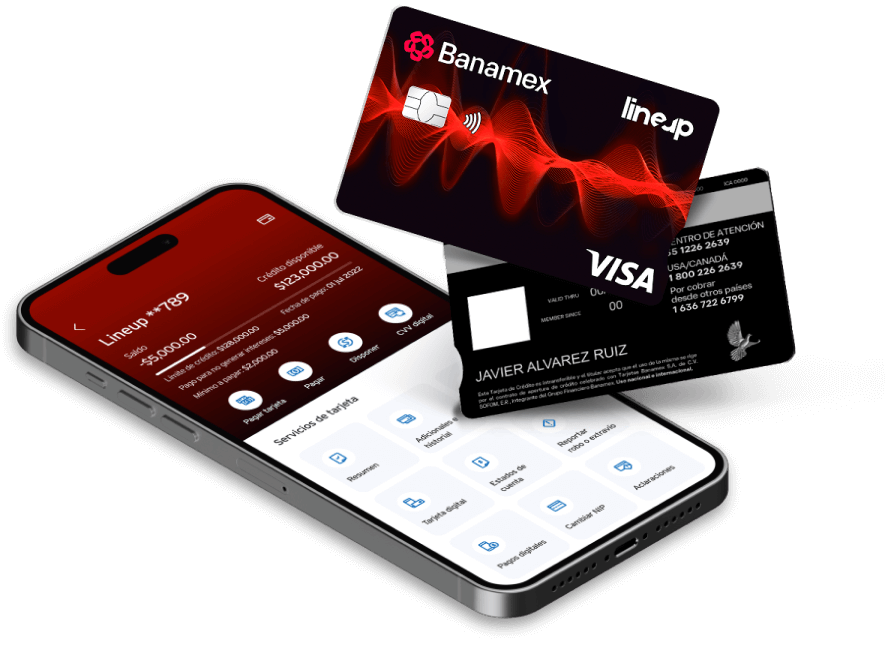 La pantalla de la App Banamex mostrando los detalles de la tarjeta LineUp, con una tarjeta física al frente que muestra el anverso y reverso.