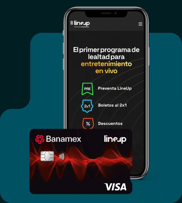 La Tarjeta de Crédito Lineup con chip y un fondo de un celular con los beneficios de la tarjeta.