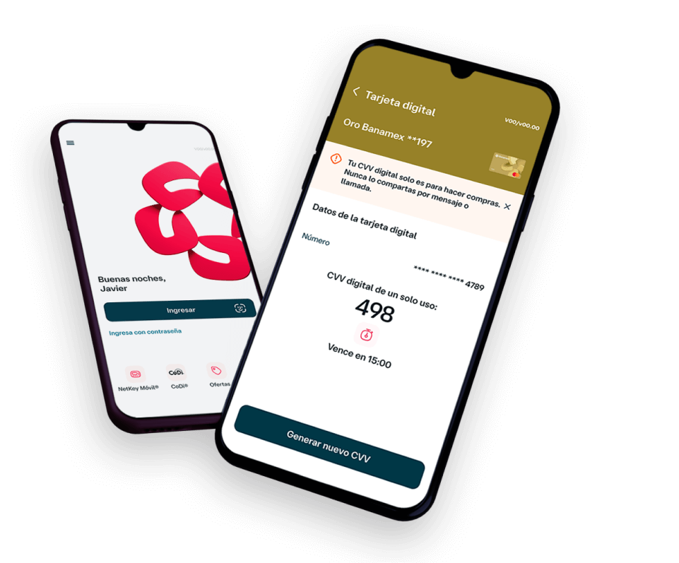 Pantallas de dos celulares mostrando la Tarjeta Digital Banamex dentro de la app móvil.