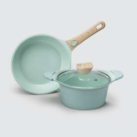 Sartén y olla de cocina con tapa en color menta.