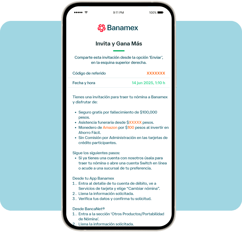 La pantalla de un celular mostrando el código de Invita y Gana Más en la App Banamex.