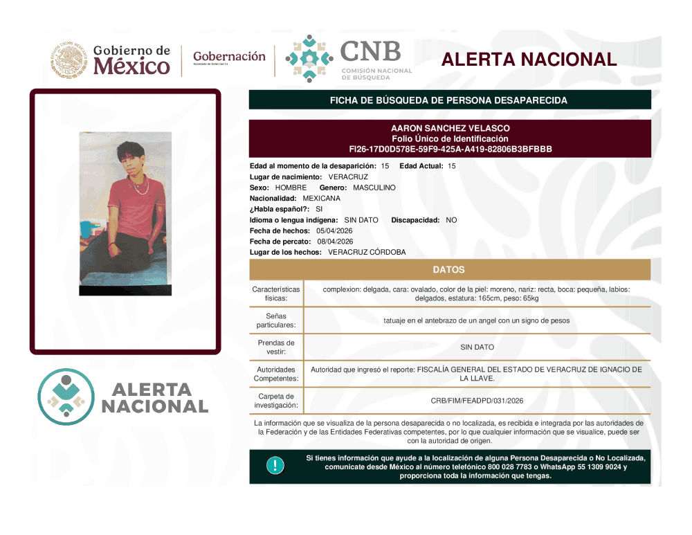 Persona desaparecida Aaron Sanchez Velasco