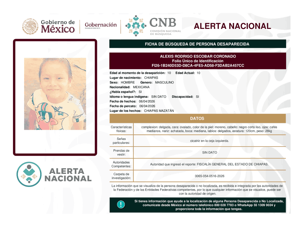 Persona desaparecida Alexis Rodrigo Escobar Coronado