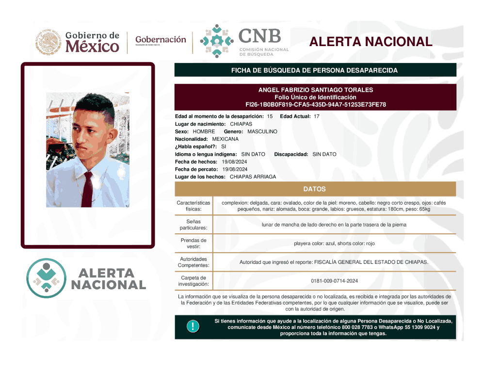 Persona desaparecida Angel Fabrizio Santiago Torales