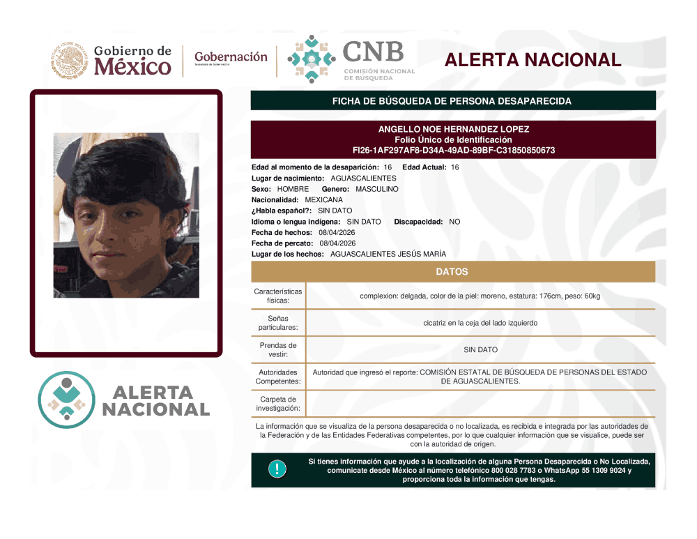 Persona desaparecida Angello Noe Hernandez Lopez