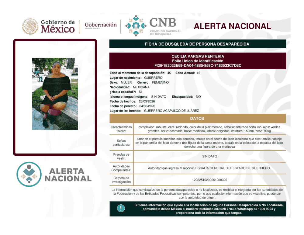 Persona desaparecida Cecilia Vargas Renteria 