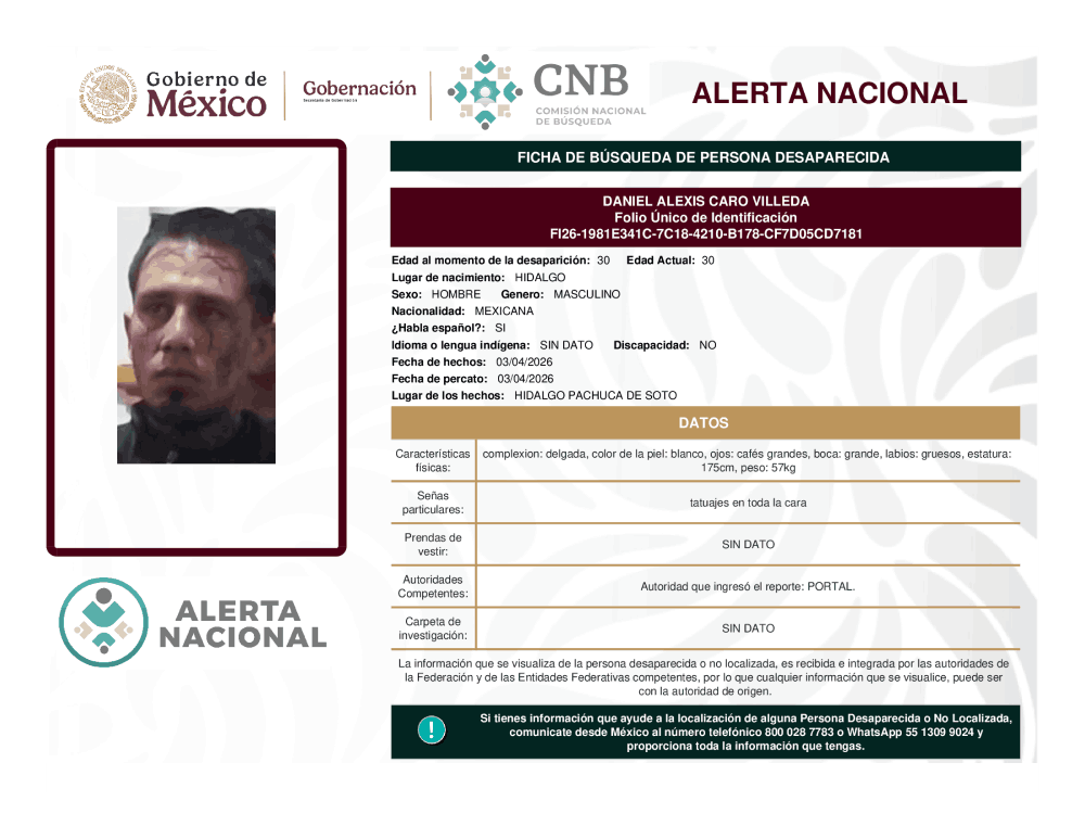 Persona desaparecida Daniel Alexis Caro Villeda