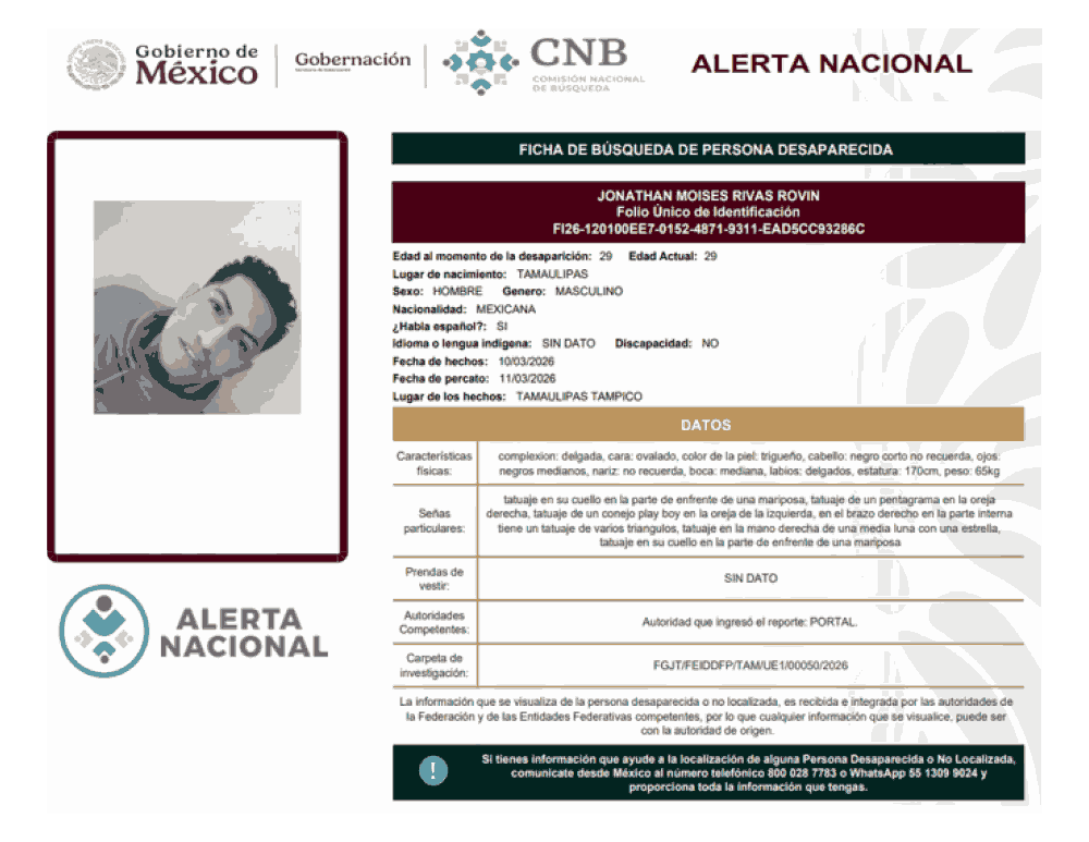 Persona desaparecida Jonathan Moises Rivas Rovin 
