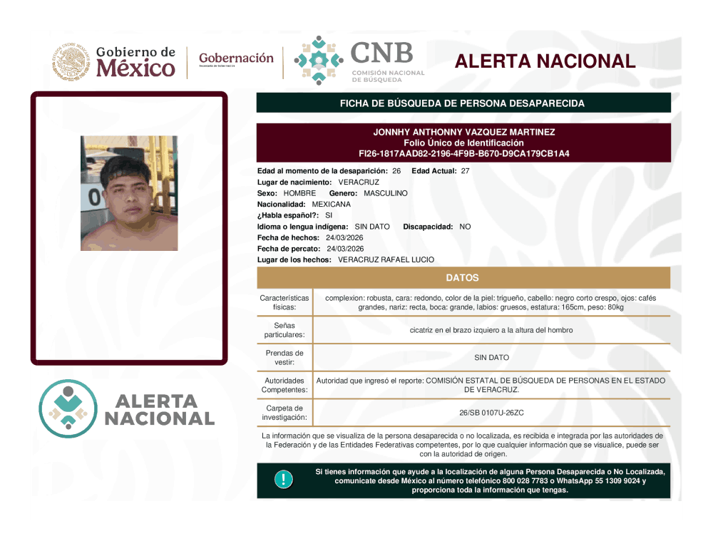 Persona desaparecida Jonnhy Anthonny Vazquez Martinez