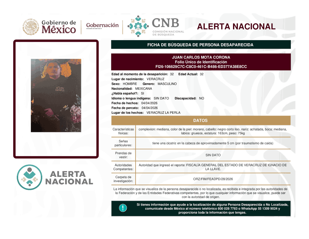 Persona desaparecida Juan Carlos Mota Corona 