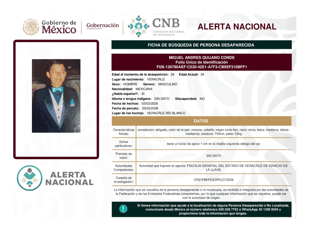 Persona desaparecida Miguel Andres Quijano Conde