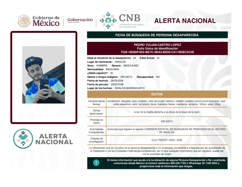 Persona desaparecida Pedro Yulian Castro Lopez