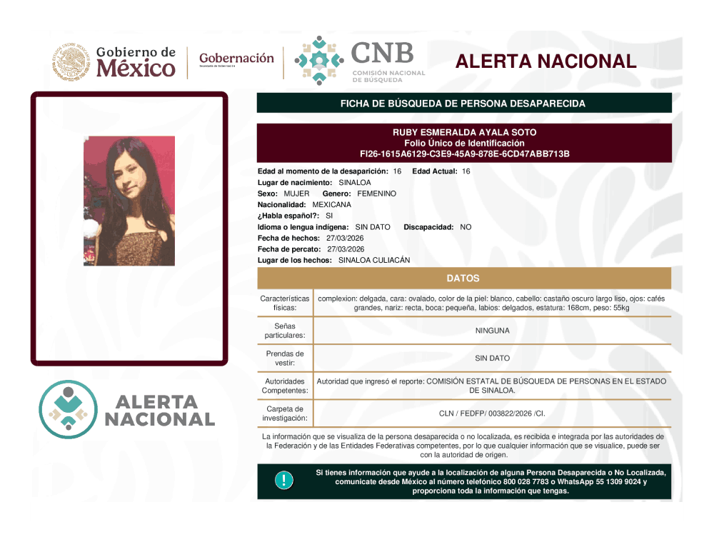 Persona desaparecida Ruby Esmeralda Ayala Soto