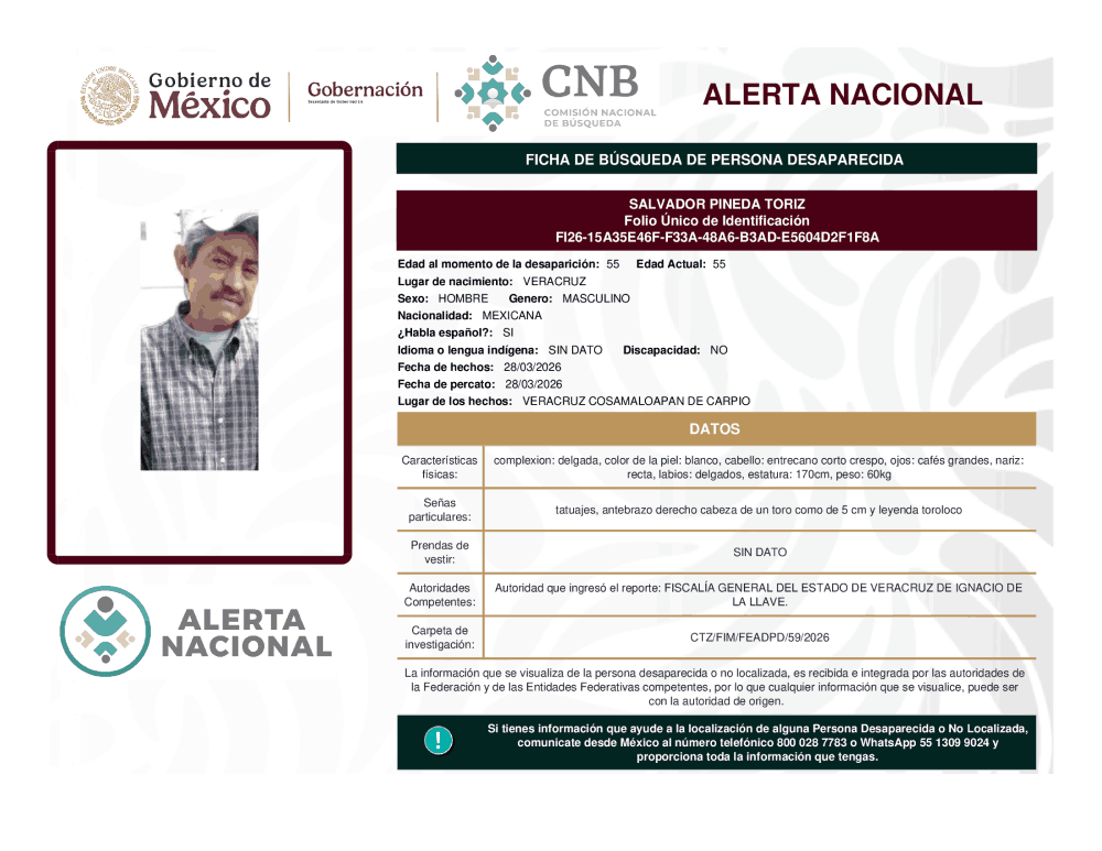 Persona desaparecida Salvador Pineda Toriz