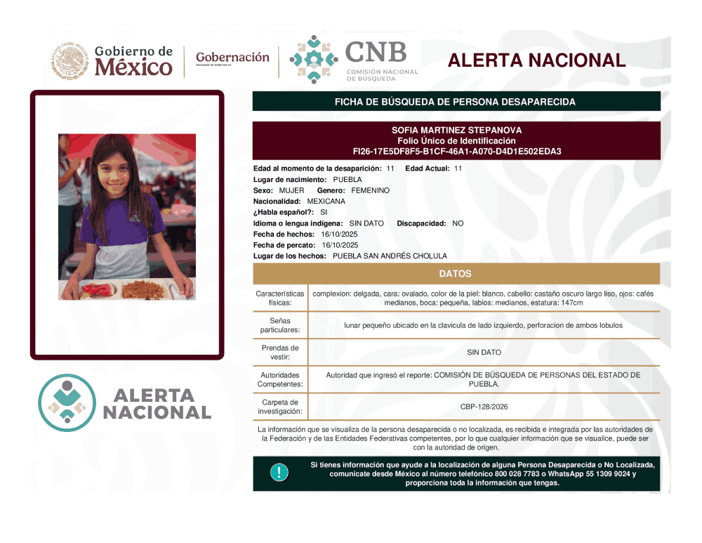 Persona desaparecida Sofia Martinez Stepanova