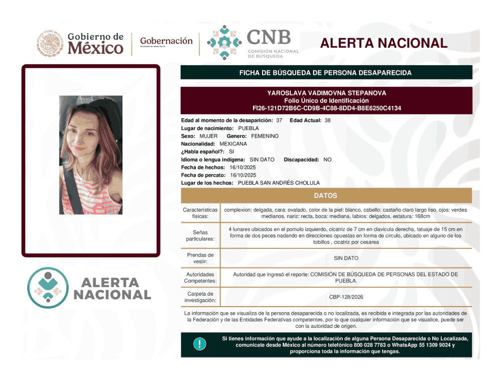 Persona desaparecida Yaroslava Vadimovna Stepanova 