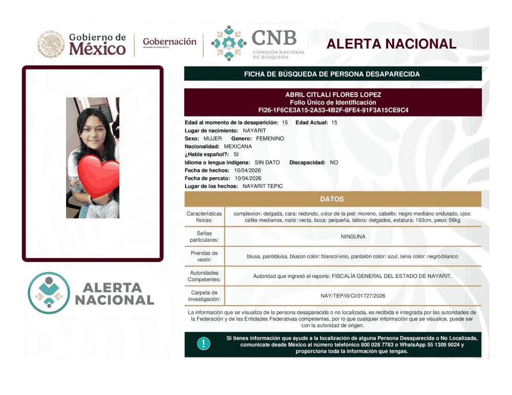 Persona desaparecida Abril Citlali Flores López