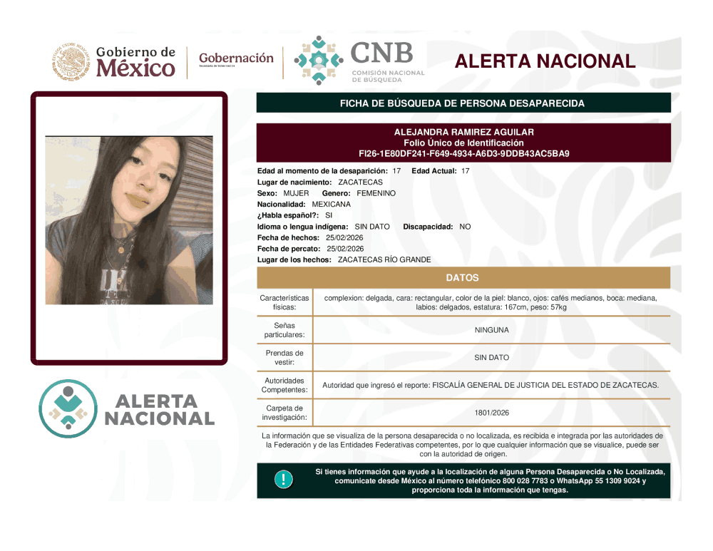 Persona desaparecida Alejandra Ramirez Aguilar