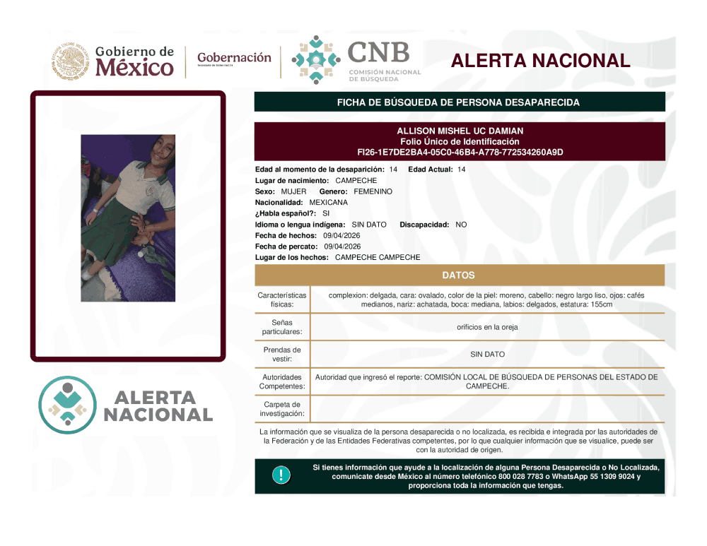 Persona desaparecida Allison Mishel Uc Damian