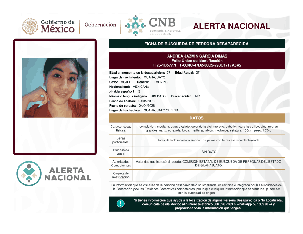 Persona desaparecida Andrea Jazmin García Dimas