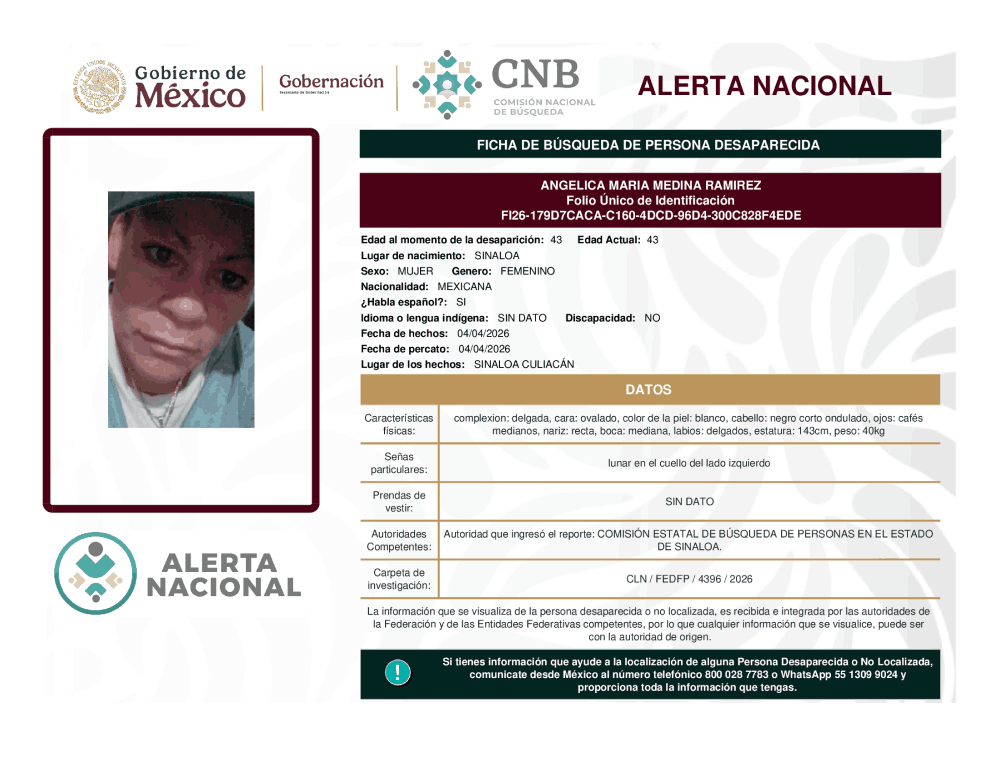 Persona desaparecida Angélica María Medina Rámirez
