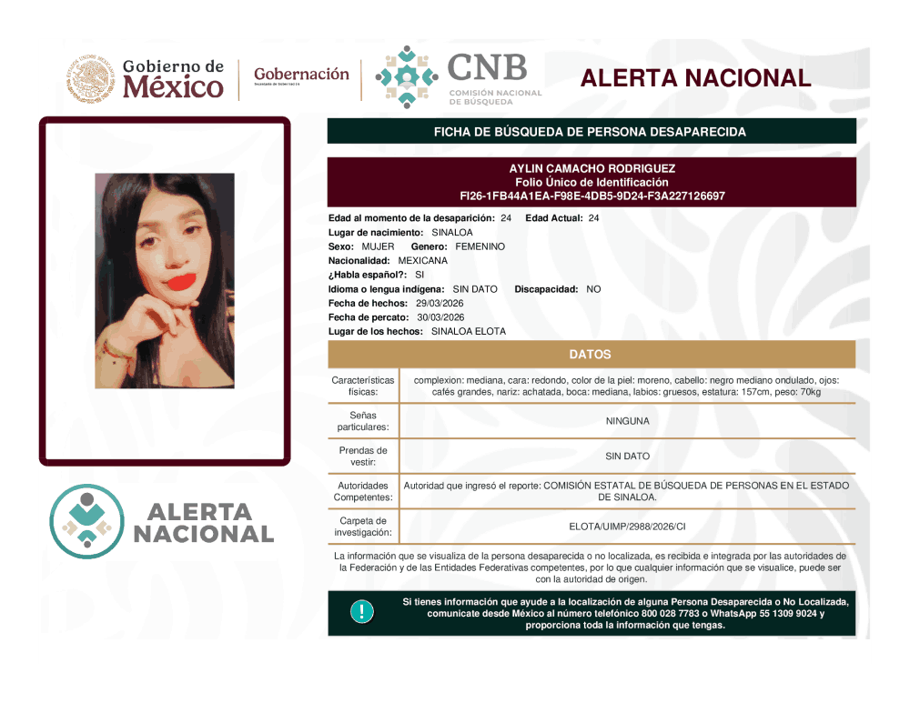 Persona desaparecida Aylin Camacho Rodríguez

