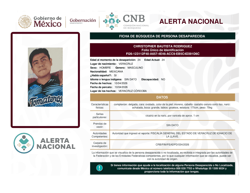 Persona desaparecida Christopher Bautista Rodríguez