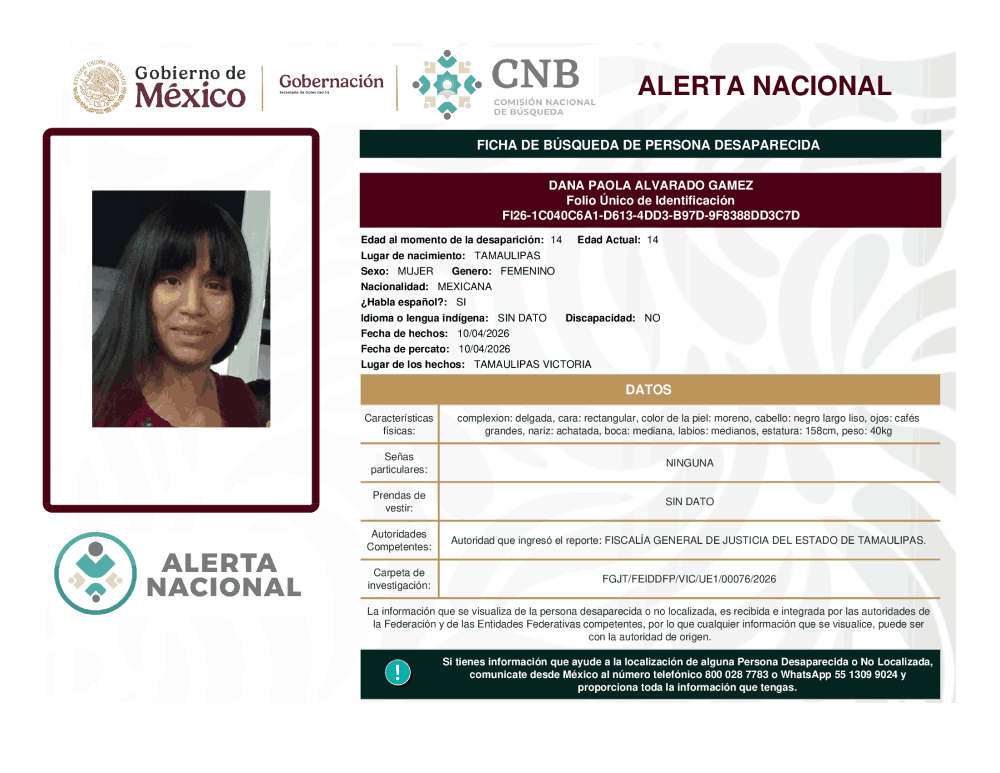Persona desaparecida Dana Paola Álvarado Gamez