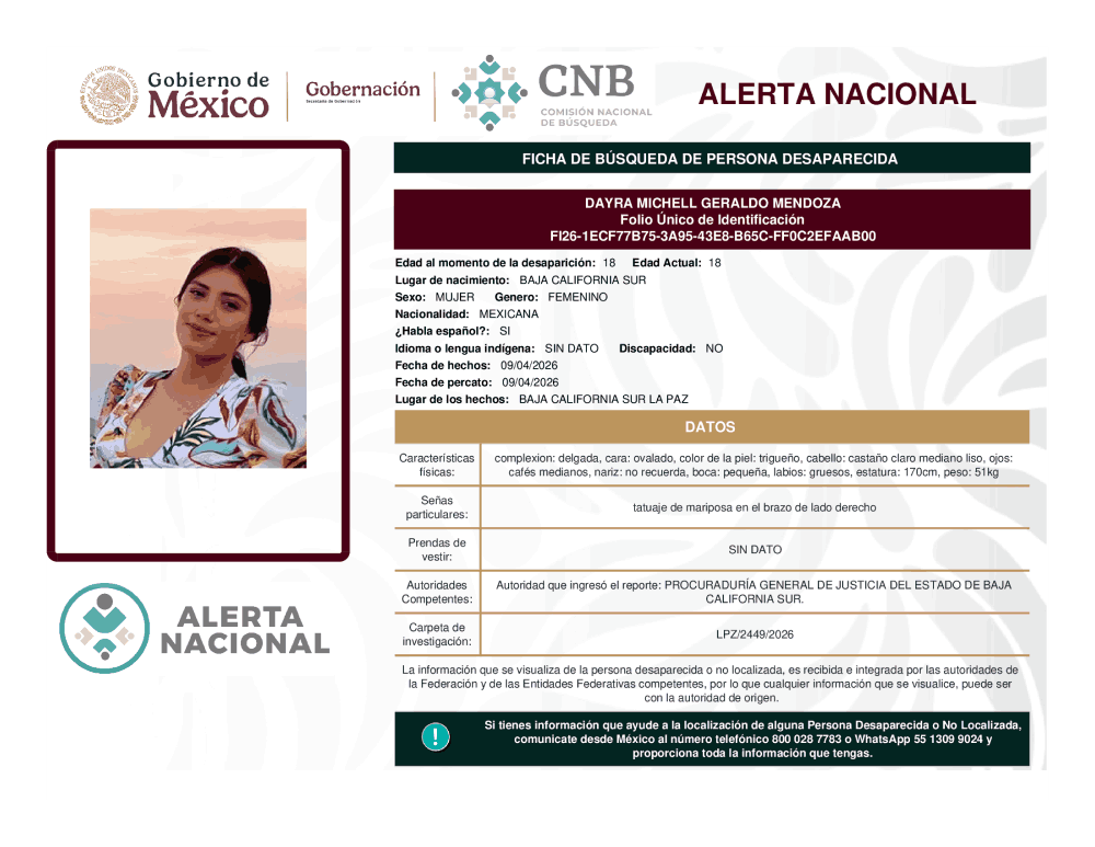 Persona desaparecida Dayra Michell Geraldo Mendoza
