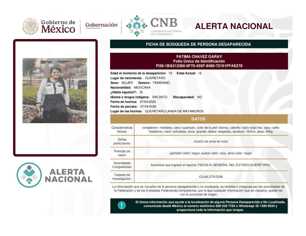 Persona desaparecida Fátima Chávez Garay