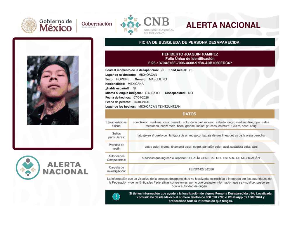 Persona desaparecida Heriberto Joaquin Ramírez