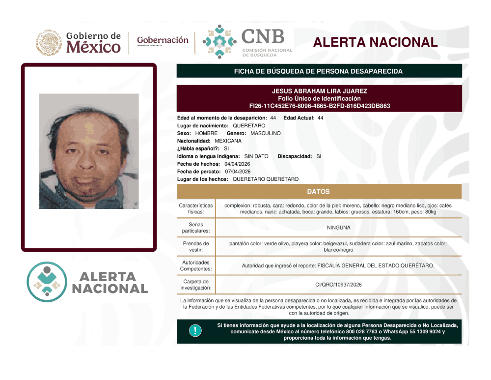 Persona desaparecida Jesús Abraham Lira Juárez