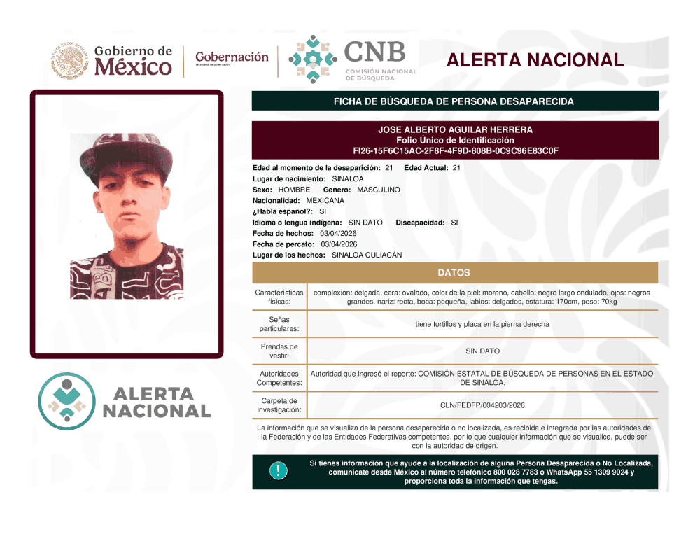 Persona desaparecida José Alberto Aguilar Herrera
 