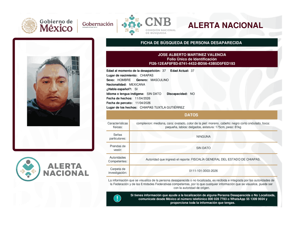 Persona desaparecida José Alberto Martínez Valencia