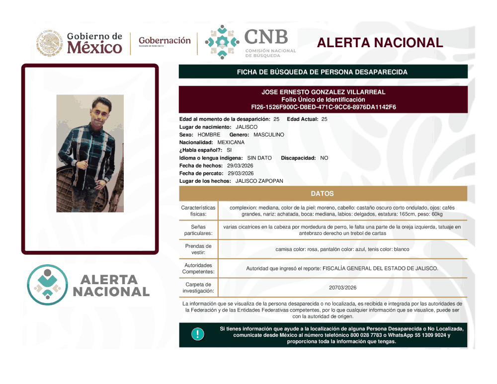 Persona desaparecida José Ernesto González Villarreal