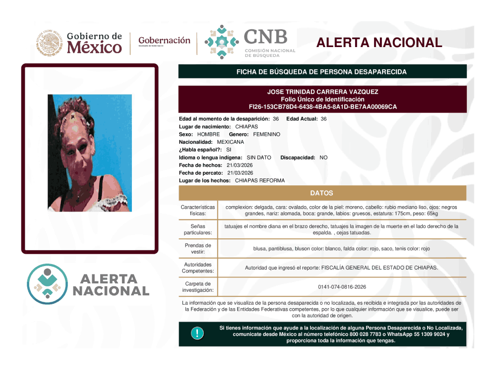 Persona desaparecida José Trinidad Carrera Vázquez