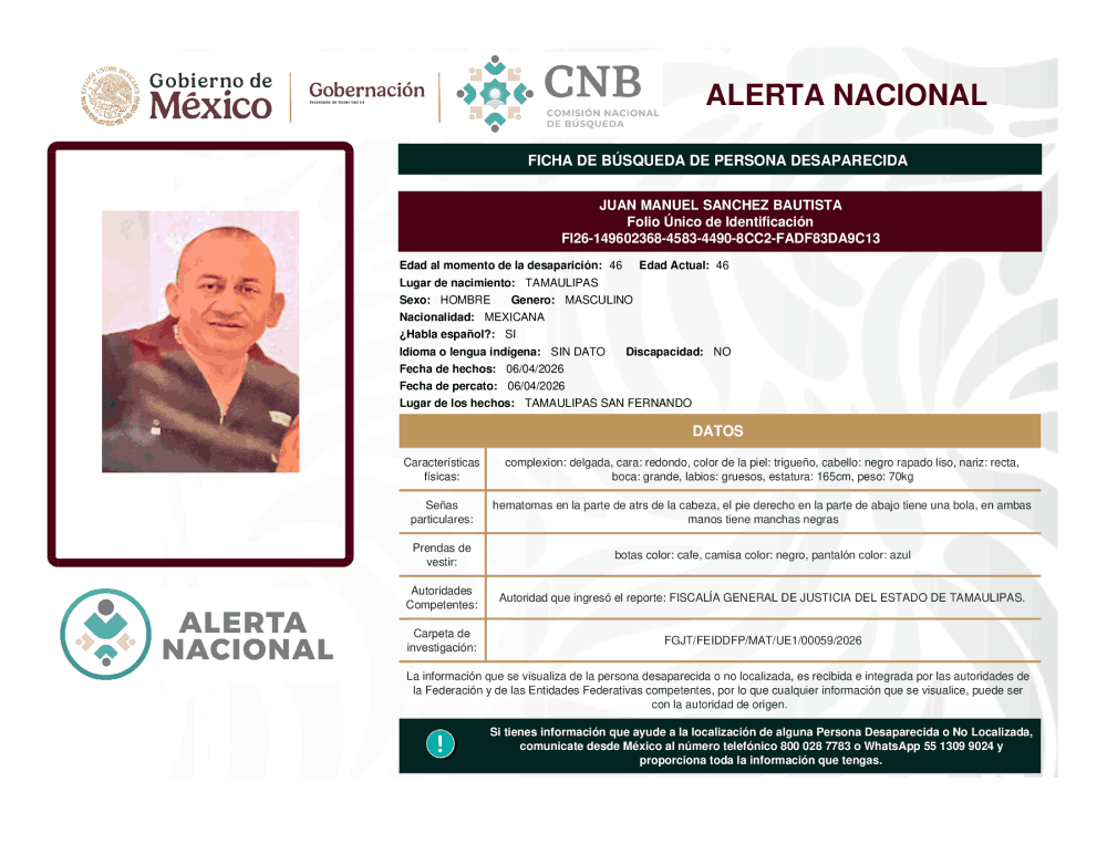 Persona desaparecida Juan Manuel Sanchez Bautista
