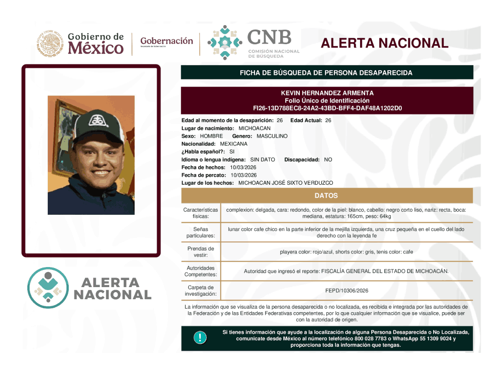 Persona desaparecida Kevin Hernández Armenta