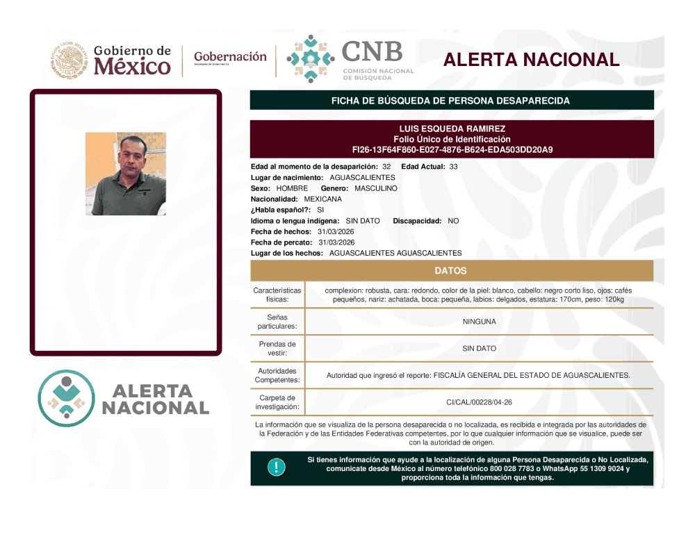 Persona desaparecida Luis Esqueda Ramirez 