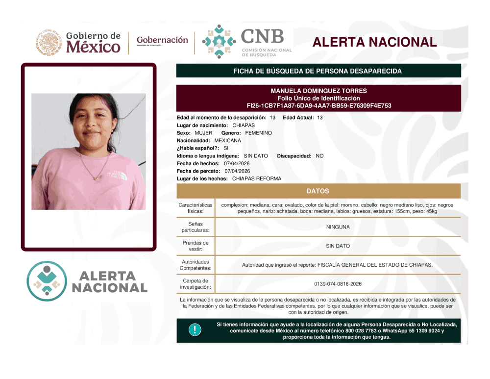 Persona desaparecida Manuela Dominguez Torres